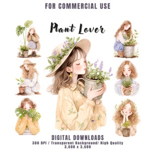 Paquete de imágenes prediseñadas de chica amante de las plantas de acuarela de primavera, imágenes PNG de jardinería de plantas, chica granjera acogedora para diario basura, invitaciones, uso comercial