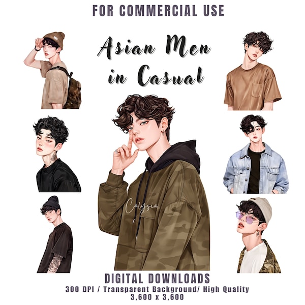 Watercolor Asian Men in Casual Wear Clipart Bundle, Korean Man Clipart, Men Street Fashion Clipart for Journal, Card Making, Commercial Use