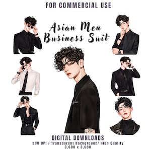 Könnte beinhalten: Digitaler Download mit Illustrationen von asiatischen Männern in Business-Anzügen. Das Bild zeigt verschiedene Posen und Stile, mit dem Text "Asian Men Business Suit" und "Digital Downloads". Die Illustrationen sind hochwertig und haben einen transparenten Hintergrund.