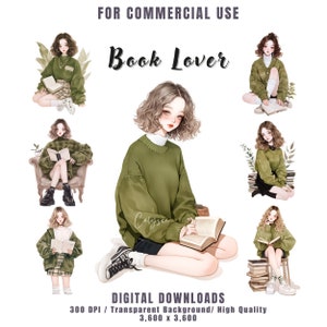 Paquete de imágenes prediseñadas de chica amante de los libros en acuarela en verde, imágenes prediseñadas de chica linda, PNG de ratón de biblioteca, imágenes prediseñadas de chica leyendo para diario basura, uso comercial