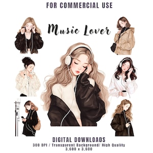 Paquete de imágenes prediseñadas de amantes de la música, imágenes prediseñadas de niña con auriculares, imágenes prediseñadas de escuchar música para calcomanías digitales, diario, álbum de recortes, uso comercial