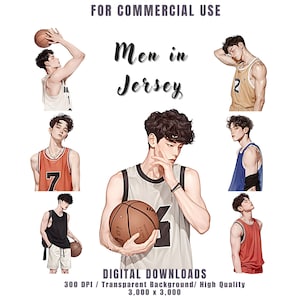Atletische mannen in Jersey clipartbundel, Varsity Player, Captain Ball, basketbal illustraties voor dagboek, sticker, plakboek, commercieel gebruik
