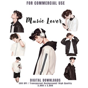 Music Lover clipartbundel, jongen met headset clipart, luisteren naar muziek clipart voor digitale stickers, dagboek, plakboek, commercieel gebruik