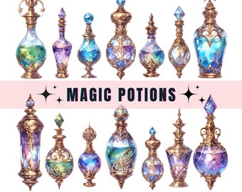Watercolor Magic Potion Clipart: Fantasy Bottles (PNG Digital Download)