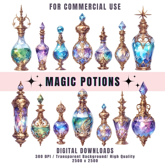 Watercolor Magic Potion Clipart: Fantasy Bottles (PNG Digital Download)