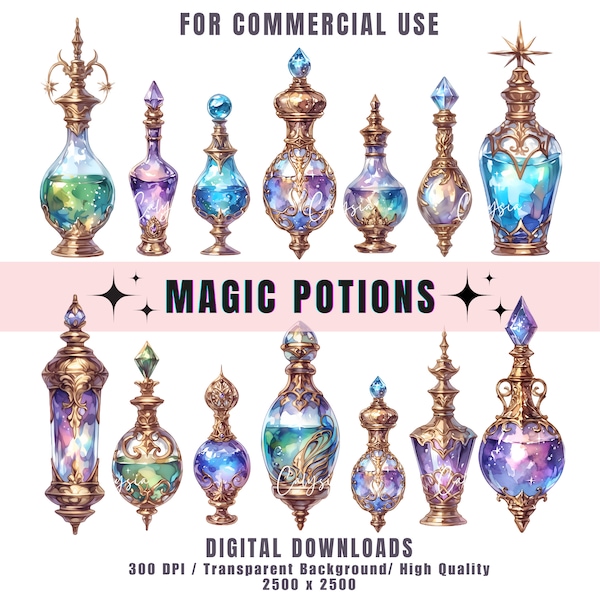 Watercolor Magic Potion Clipart Bundle, Magical Witch Potion PNG, Fantasy Potion Bottles for Junk Journal, Stationery, Commercial Use