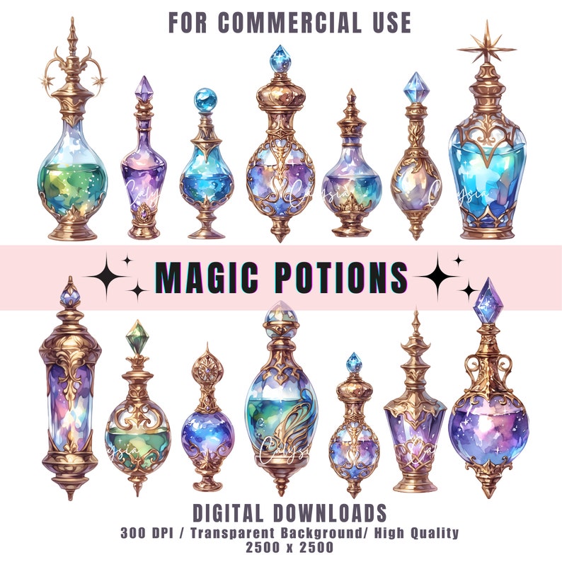 May include: A set of 12 digital illustrations of ornate glass bottles filled with colorful potions. The bottles have gold tops and are decorated with stars and swirls. The text "MAGIC POTIONS" is written in a glittery font across the top of the image.