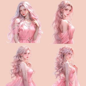 May include: Four digital illustrations of women with long pink hair wearing pink dresses. The women are depicted in different poses and with different hairstyles.