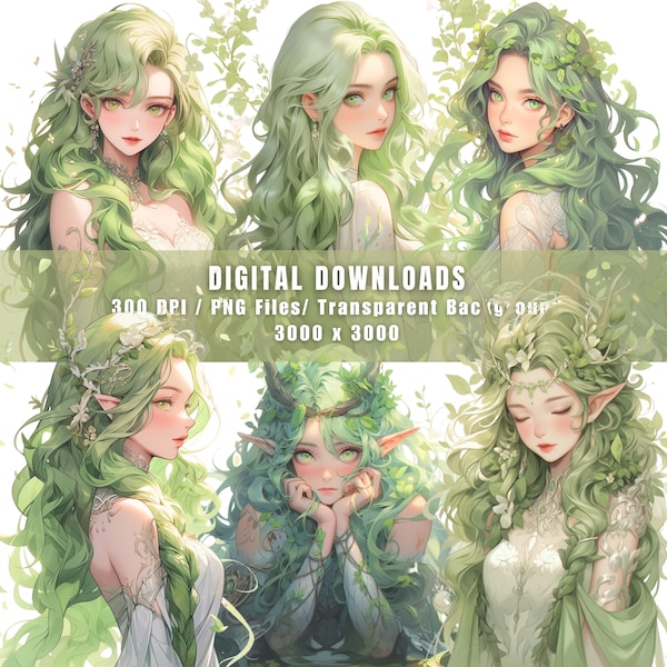 Dryad Forest Princess Clipart Bundle, Transparent Background, PNG Mystical Clipart, Fantasy Clipart, Forest Spirit Clipart, Commercial Use