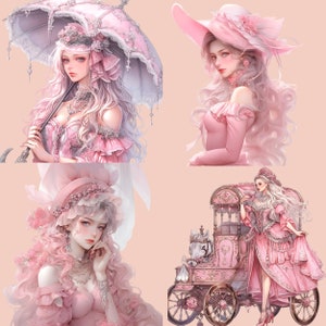 May include: Four digital illustrations of women in pink dresses and hats. The women are in different poses and settings. One woman is holding a parasol, another is sitting in a carriage, and two are standing. The illustrations are in a whimsical style with delicate details.