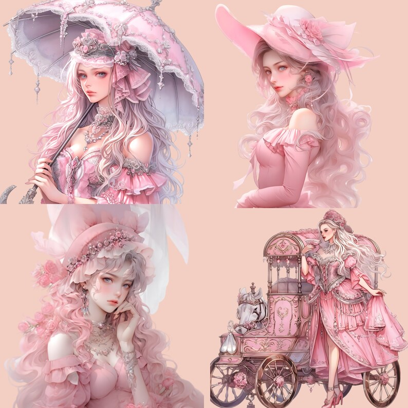 May include: Four digital illustrations of women in pink dresses and hats. The women are in different poses and settings. One woman is holding a parasol, another is sitting in a carriage, and two are standing. The illustrations are in a whimsical style with delicate details.