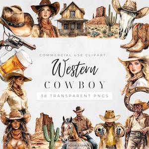 Watercolor Western Cowboy Clipart, Texas Cowboy PNG, Cowgirl Clip Art, Wild West Cliparts, Desert Cactus PNG, Retro Countryside Cowboy Rodeo