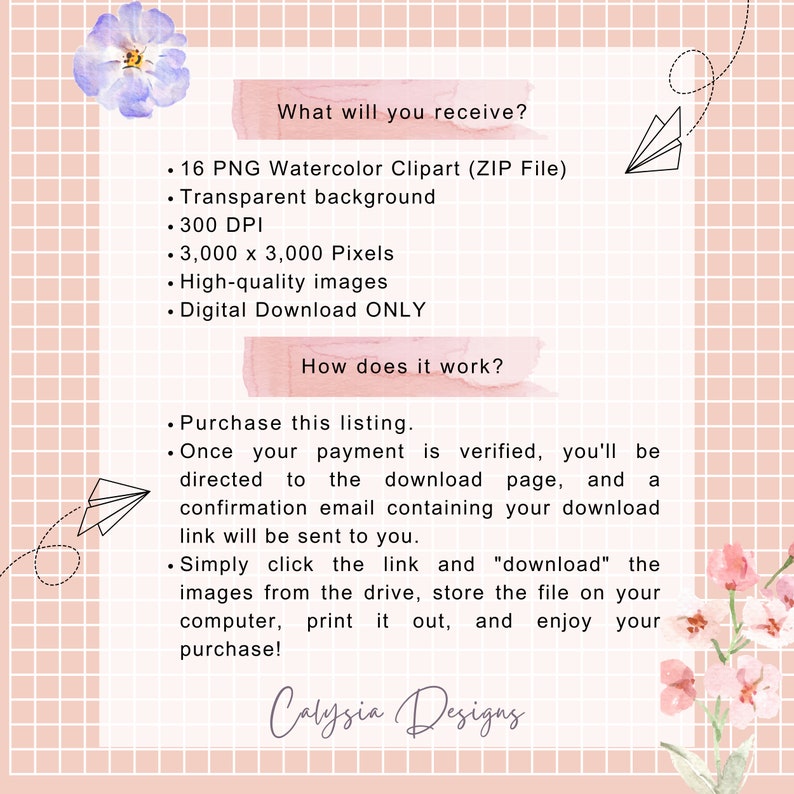 May include: A digital download listing for 16 PNG watercolor clipart images. The images are 3,000 x 3,000 pixels, 300 DPI, and have a transparent background. The listing includes the text "What will you receive?" and "How does it work?" with details about the purchase process.