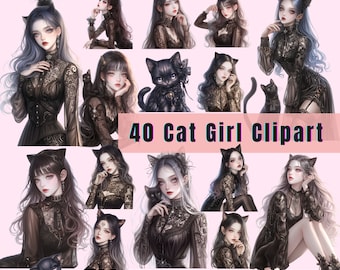 Gothic Cat Girl Clipart Bundle: PNG for Junk Journals (Commercial Use)