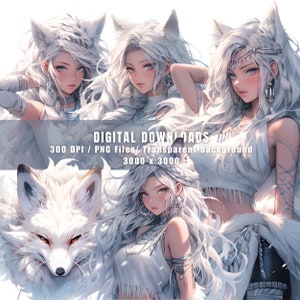 May include: Digital illustration of a white wolf-like creature with long white hair and blue eyes. The creature is wearing a white top and has a variety of jewelry. The background is transparent.