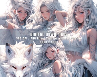 White Fox Girl Clipart Bundle: Fantasy PNG Graphics (Commercial Use)