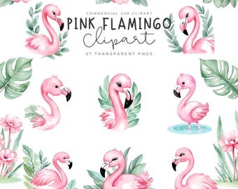 Clipart de flamenco rosa en acuarela: Paquete PNG de animales tropicales (descarga digital)