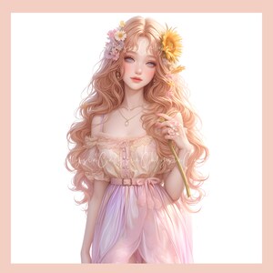 May include: A woman with long blonde hair wearing a pink and white dress with a floral crown and holding a flower.
