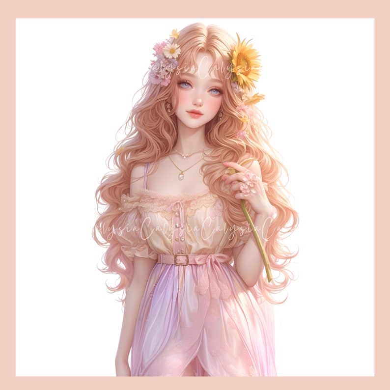 May include: A woman with long blonde hair wearing a pink and white dress with a floral crown and holding a flower.