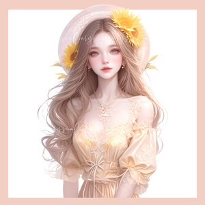May include: A woman with long blonde hair wearing a straw hat with sunflowers on it. She is wearing a yellow lace dress with a white lace overlay.