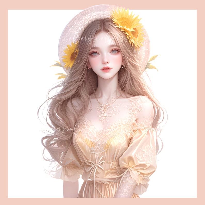 May include: A woman with long blonde hair wearing a straw hat with sunflowers on it. She is wearing a yellow lace dress with a white lace overlay.