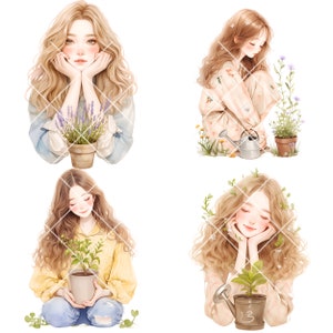 May include: Four illustrations of women with long brown hair, each holding a potted plant. The women are wearing casual clothing and have a serene expression on their faces. The plants are in various stages of growth and are surrounded by small flowers.