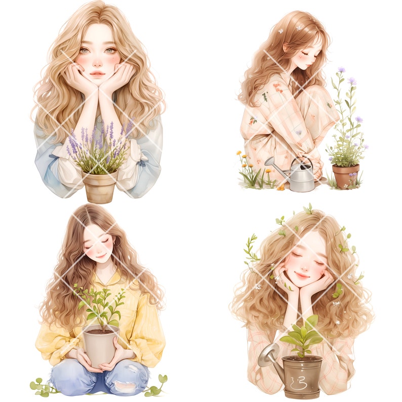 May include: Four illustrations of women with long brown hair, each holding a potted plant. The women are wearing casual clothing and have a serene expression on their faces. The plants are in various stages of growth and are surrounded by small flowers.