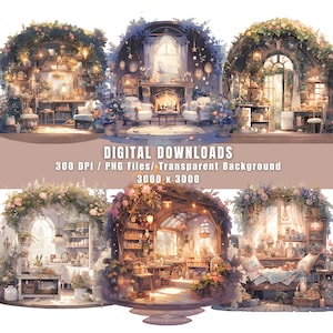 Watercolor Enchanting Cozy Cottage Clipart Bundle, Transparent Background, Cottagecore, Cottage Interior Clipart for Journal, Commercial Use