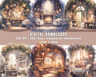 Watercolor Cottage Clipart Bundle: Cozy Interior Scenes (PNG Digital Download)