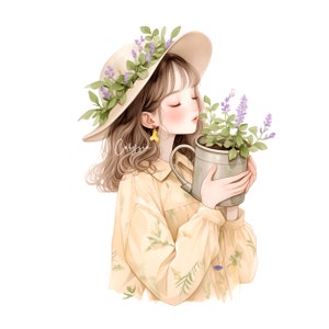 May include: A young woman with long brown hair wears a straw hat with purple flowers and holds a pot of lavender plants.