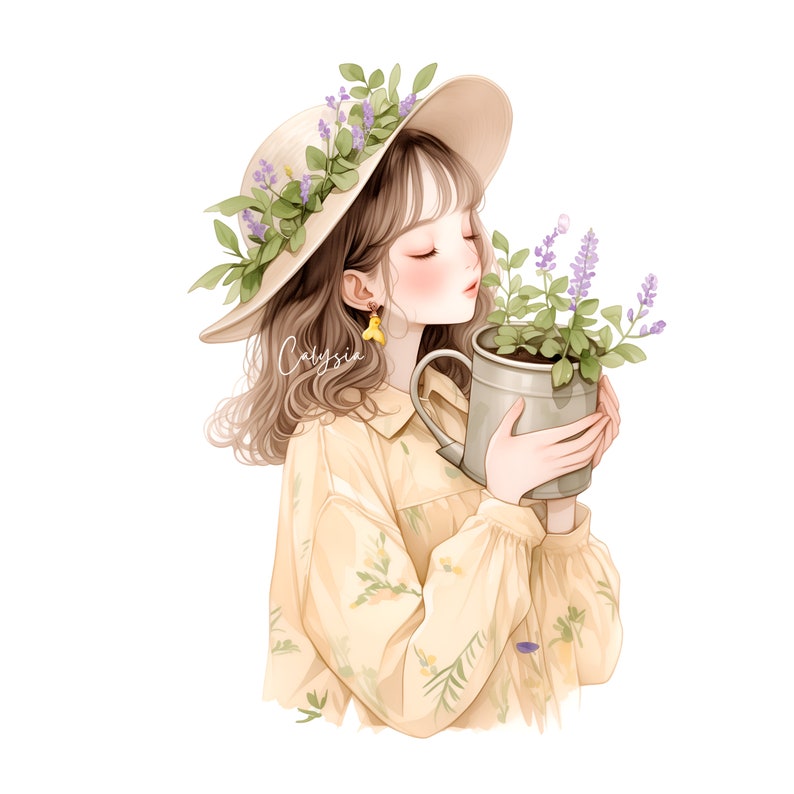 May include: A young woman with long brown hair wears a straw hat with purple flowers and holds a pot of lavender plants.