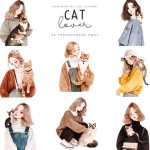 水彩猫と女の子のクリップアートバンドルかわいいかわいい子猫PNGデジタルプランナースクラップブッキングジャーナルカバー用の居心地の良い気まぐれな猫のクリップアート