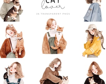 Watercolor Cat & Girl Clipart Bundle: Kawaii Kitten PNG (Digital Download)