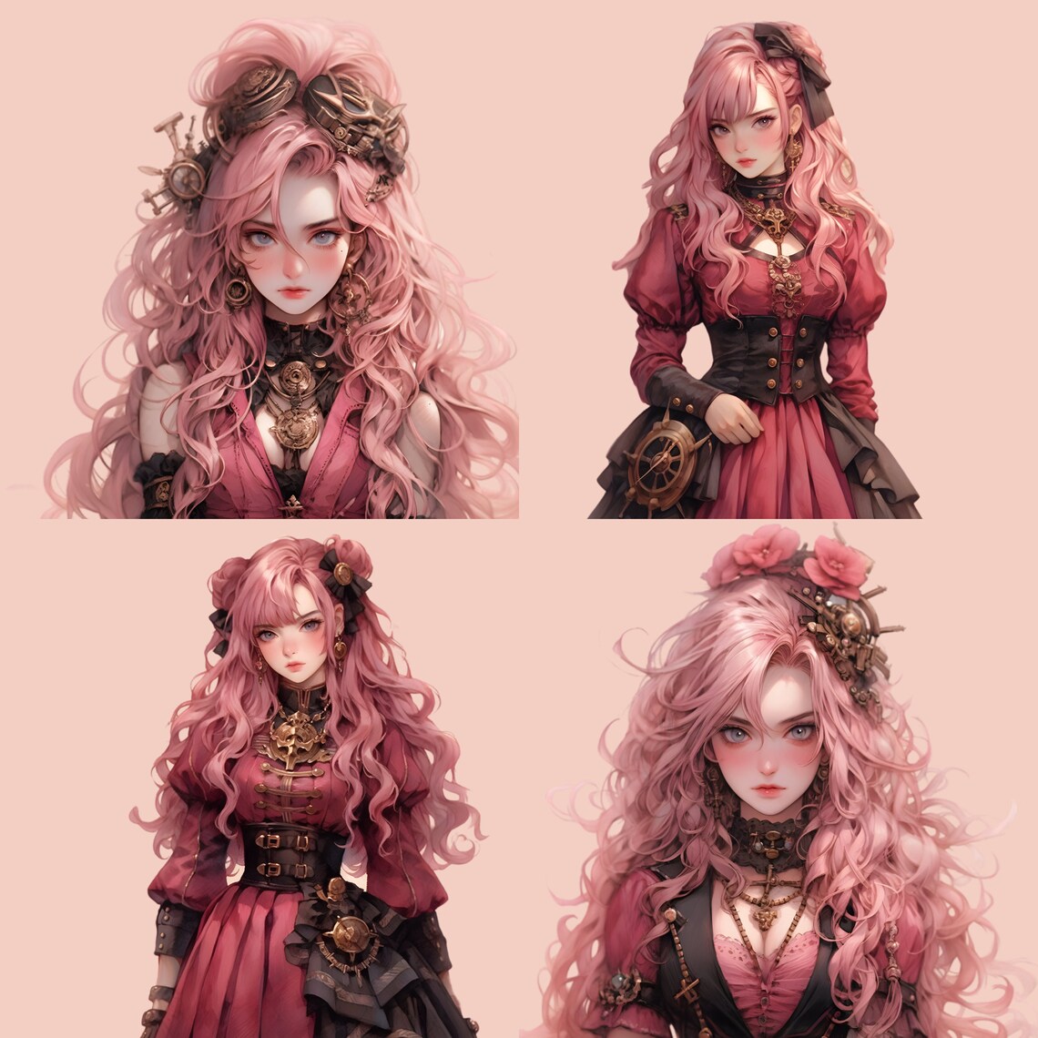 Watercolor Pink Steampunk PNG Clipart Bundle, Pretty Girl PNG Clipart ...