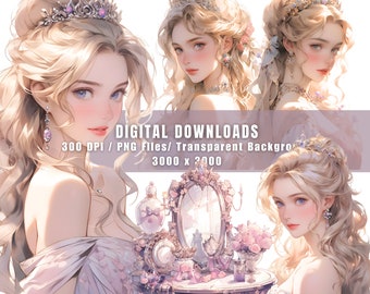 Watercolor Princess Clipart Bundle: Fairy Tale PNG Images (Commercial Use)