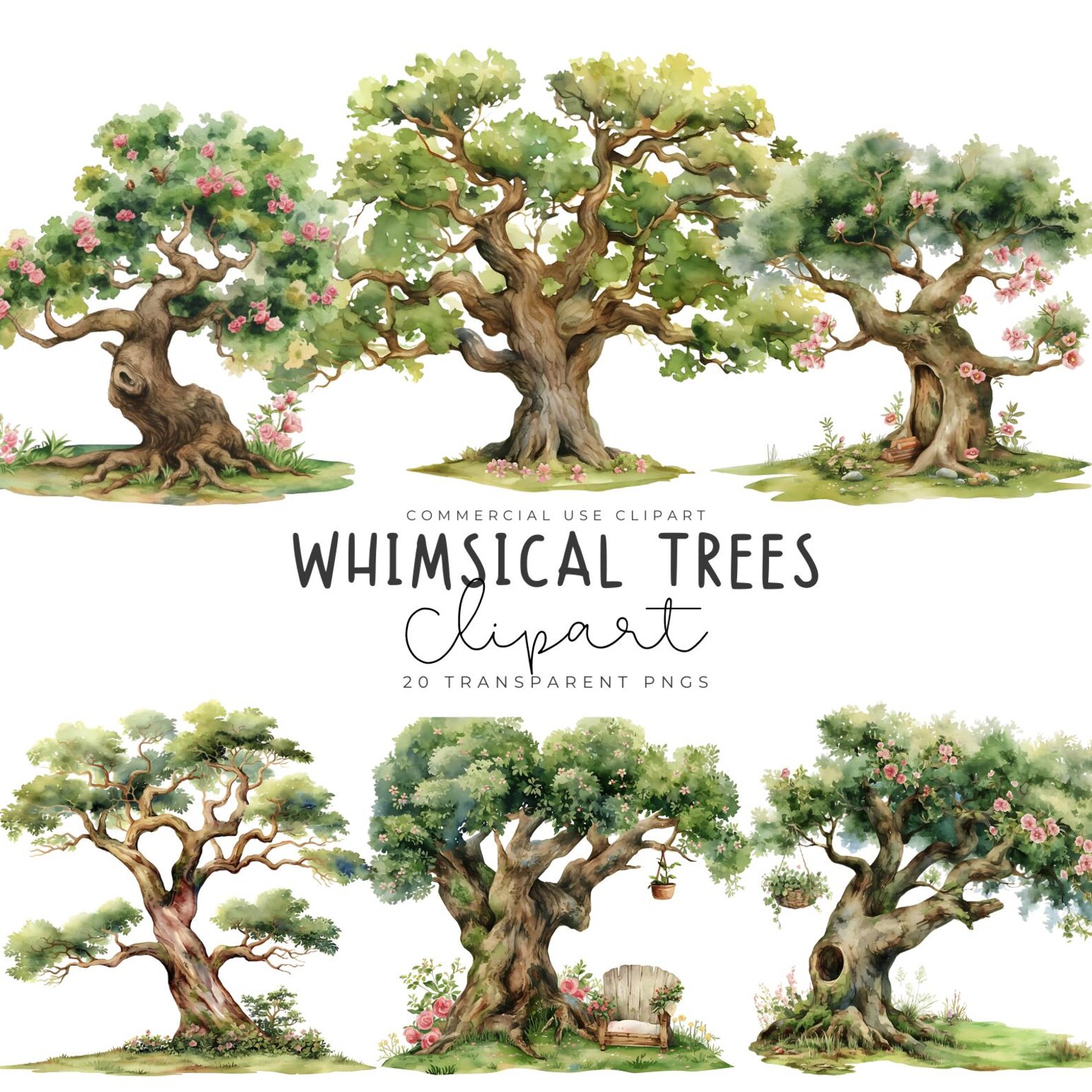Woodland Whimsical Tree Clipart Watercolor Enchanting Forest Greenery ...
