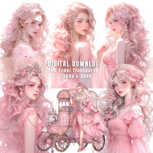 May include: Four digital illustrations of women with long pink hair wearing pink dresses and floral crowns. The women are in different poses, and one is standing in front of a pink carriage.