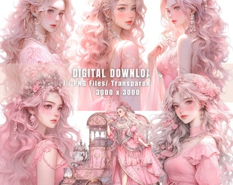 Watercolor Pink Princess PNG Clipart Bundle: Dreamy Scrapbook Graphics (Commercial Use)