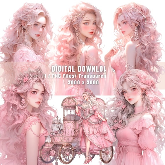 Watercolor Pink Princess PNG Clipart Bundle: Dreamy Scrapbook Graphics (Commercial Use)