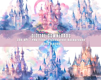 Watercolor Castle Clipart Bundle: Fantasy PNG Images (Commercial Use)