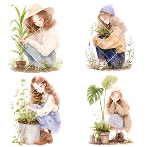 May include: Four illustrations of women tending to plants. The first woman is wearing a straw hat and a white sweater, and is holding a corn plant. The second woman is wearing a purple hat and a yellow sweater, and is holding a small plant. The third woman is wearing a white sweater and blue jeans, and is holding a small plant. The fourth woman is wearing a brown hat and a plaid shirt, and is holding a plant.