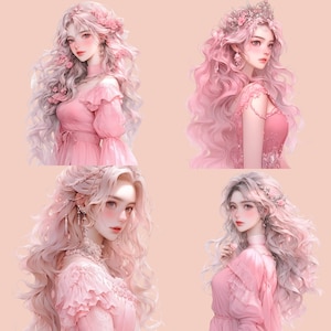 May include: Four digital illustrations of women with long pink hair wearing pink dresses and floral crowns. The women are depicted in a soft, dreamy style.