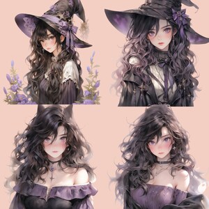 Op de afbeelding: Vier digitale illustraties van vrouwen met lang, donker, krullend haar. Elke vrouw draagt een andere outfit, waaronder een heksenhoed, een lange zwarte jas en een paarse jurk. De illustraties zijn geplaatst tegen een lichtroze achtergrond.