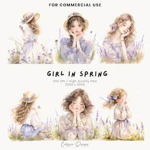 Aquarell Frühling Mädchen Clipart Bundle, Frühlingsfeld Clipart, Sommer Mädchen weißen Hintergrund, Digitaldruck Journal Sublimation Kommerzielle Nutzung