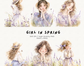 Watercolor Spring Girl Clipart Bundle: Commercial Use (Digital Prints)