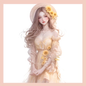 May include: A woman with long blonde hair wears a straw hat with sunflowers and a yellow dress with lace details. She holds a bouquet of sunflowers in her hands.