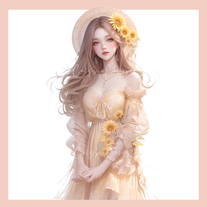 May include: A woman with long blonde hair wears a straw hat with sunflowers and a yellow dress with lace details. She holds a bouquet of sunflowers in her hands.
