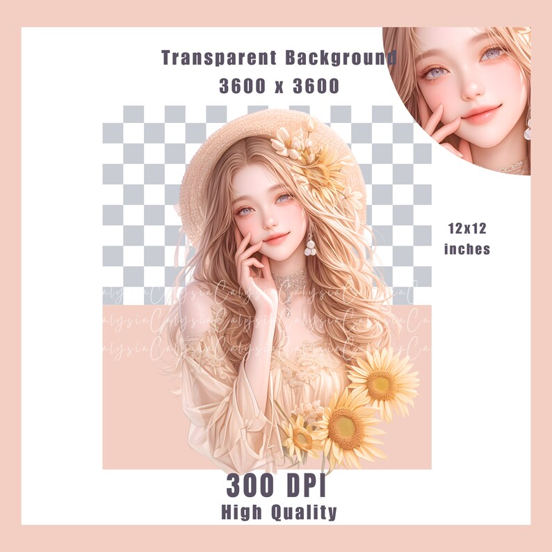 May include: A digital illustration of a woman with long blonde hair wearing a straw hat and a white dress with sunflowers. The background is transparent.
