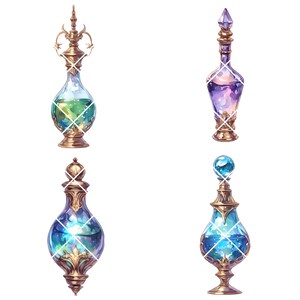 May include: Four ornate glass bottles with gold accents and colorful liquids inside. The bottles have different shapes and sizes, and each one has a unique design. The liquids inside the bottles are blue, green, and purple.