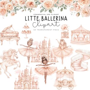 53 aquarel kleine ballerina clipart, meisje balletdanser png, prinses van het Zwanenmeer, perzik bloemenboeket, decor van de kinderkamer, eerste feestvarken